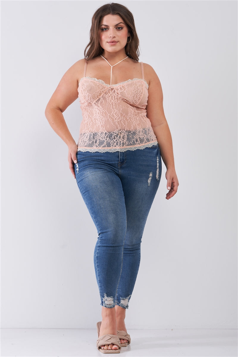 Plus Size Sleeveless Sheer Lace Halter Neck Detail Bustier Top | Dusty Rose, SALE, SALE PLUS SIZE, White | Style Your Curves