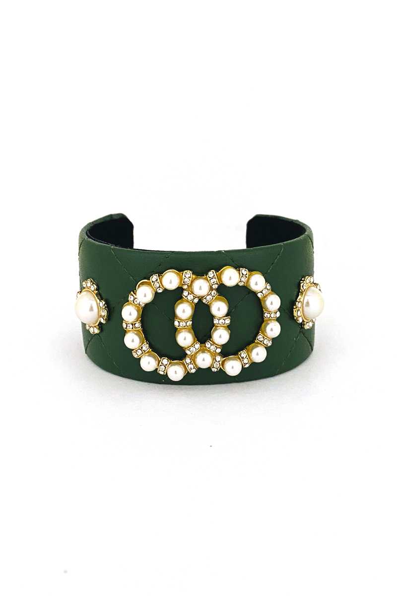 Fashion Pearl Double Round Studded Faux Leather Cuff Bracelet | BRACELETS, Green, JEWELRY, Pink, SALE, SALE JEWELRY, Taupe | Style Your Curves
