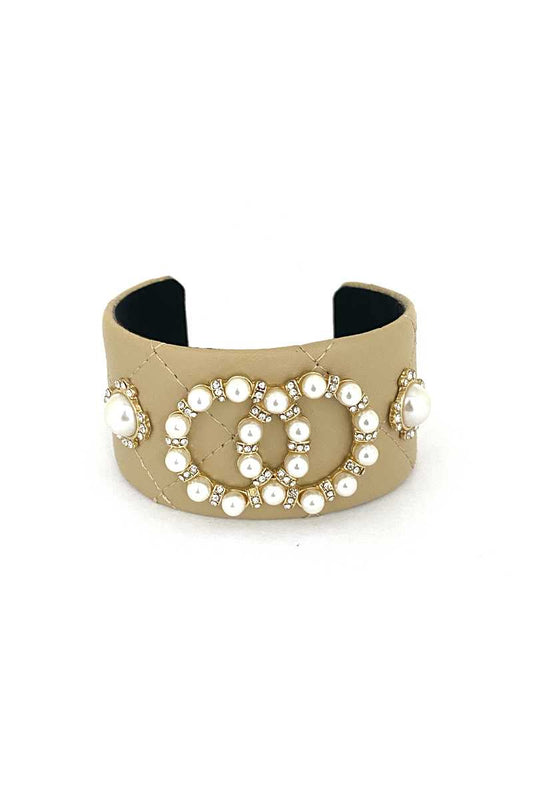 Fashion Pearl Double Round Studded Faux Leather Cuff Bracelet | BRACELETS, Green, JEWELRY, Pink, SALE, SALE JEWELRY, Taupe | Style Your Curves