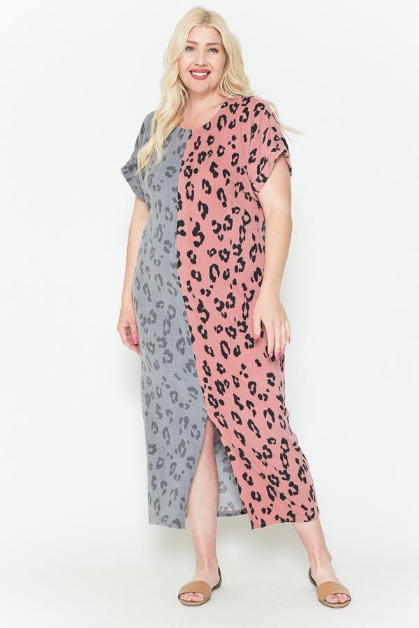 Front Slit Dolman Leopard Print Maxi Dress | Dusty Pink Combo, Mint Combo, PLUS SIZE, PLUS SIZE DRESSES, SALE, SALE PLUS SIZE | Style Your Curves