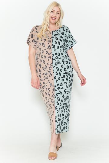 Front Slit Dolman Leopard Print Maxi Dress | Dusty Pink Combo, Mint Combo, PLUS SIZE, PLUS SIZE DRESSES, SALE, SALE PLUS SIZE | Style Your Curves
