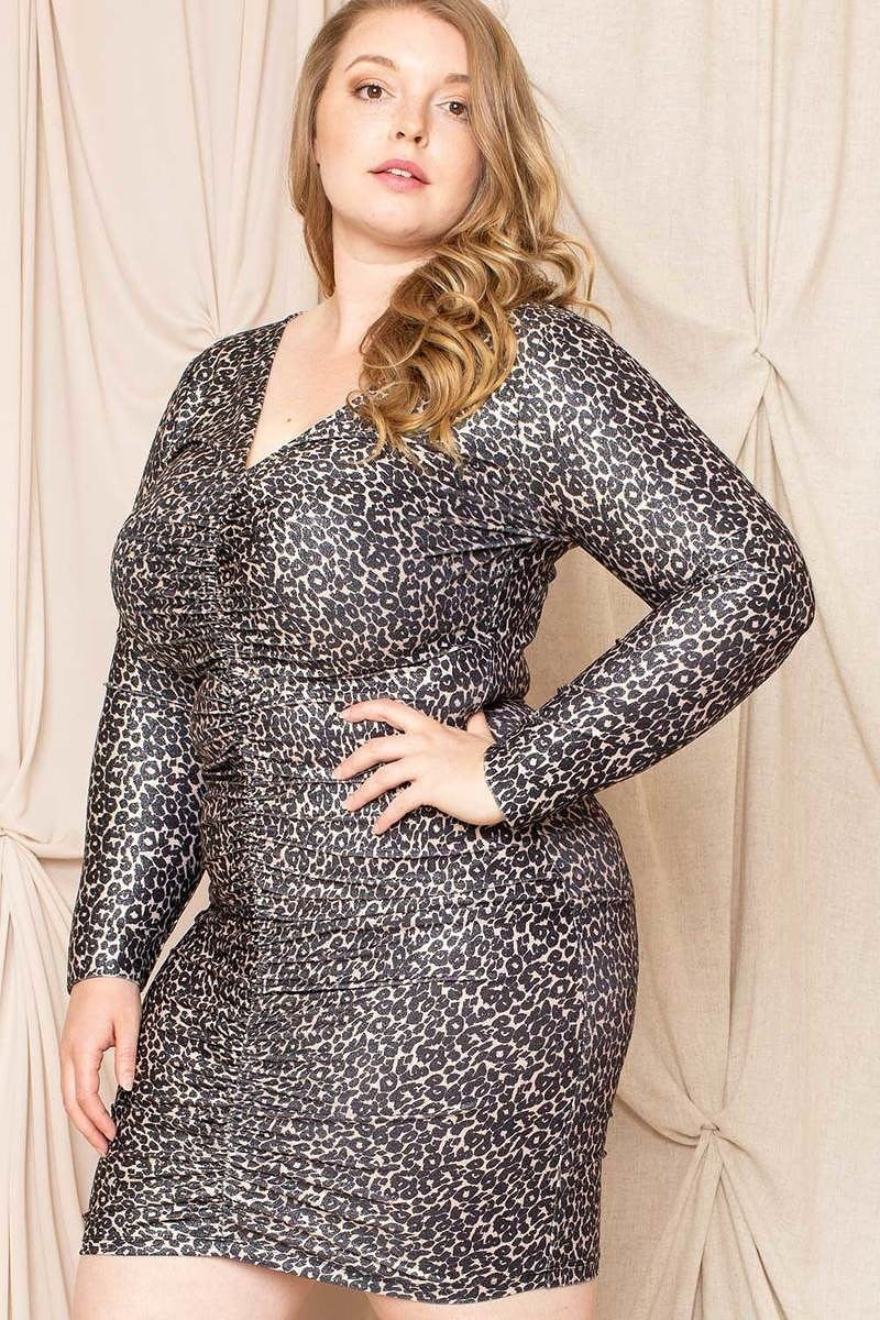Leopard Print Shirring Plus Size Mini Dress | Leopard, PLUS SIZE, PLUS SIZE DRESSES, SALE, SALE PLUS SIZE | Style Your Curves