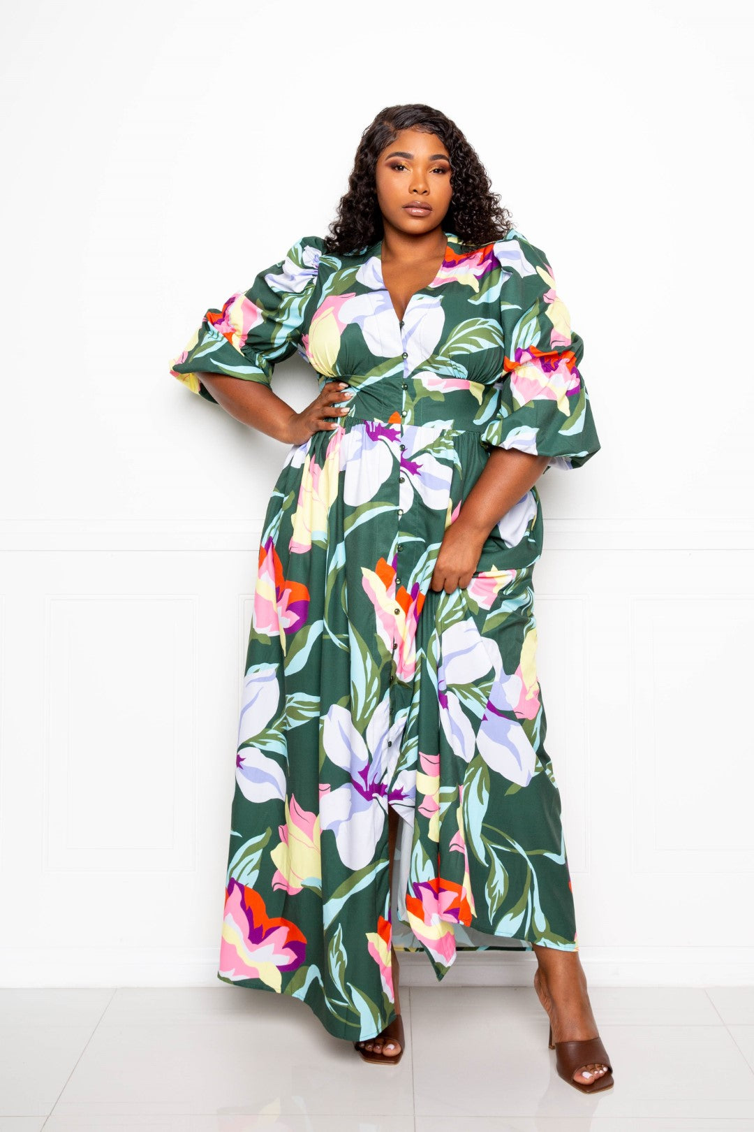 Puff Sleeve Button Front Dress | Black Multi, Olive Multi, PLUS SIZE, PLUS SIZE DRESSES, SALE, SALE PLUS SIZE, White Multi | Style Your Curves