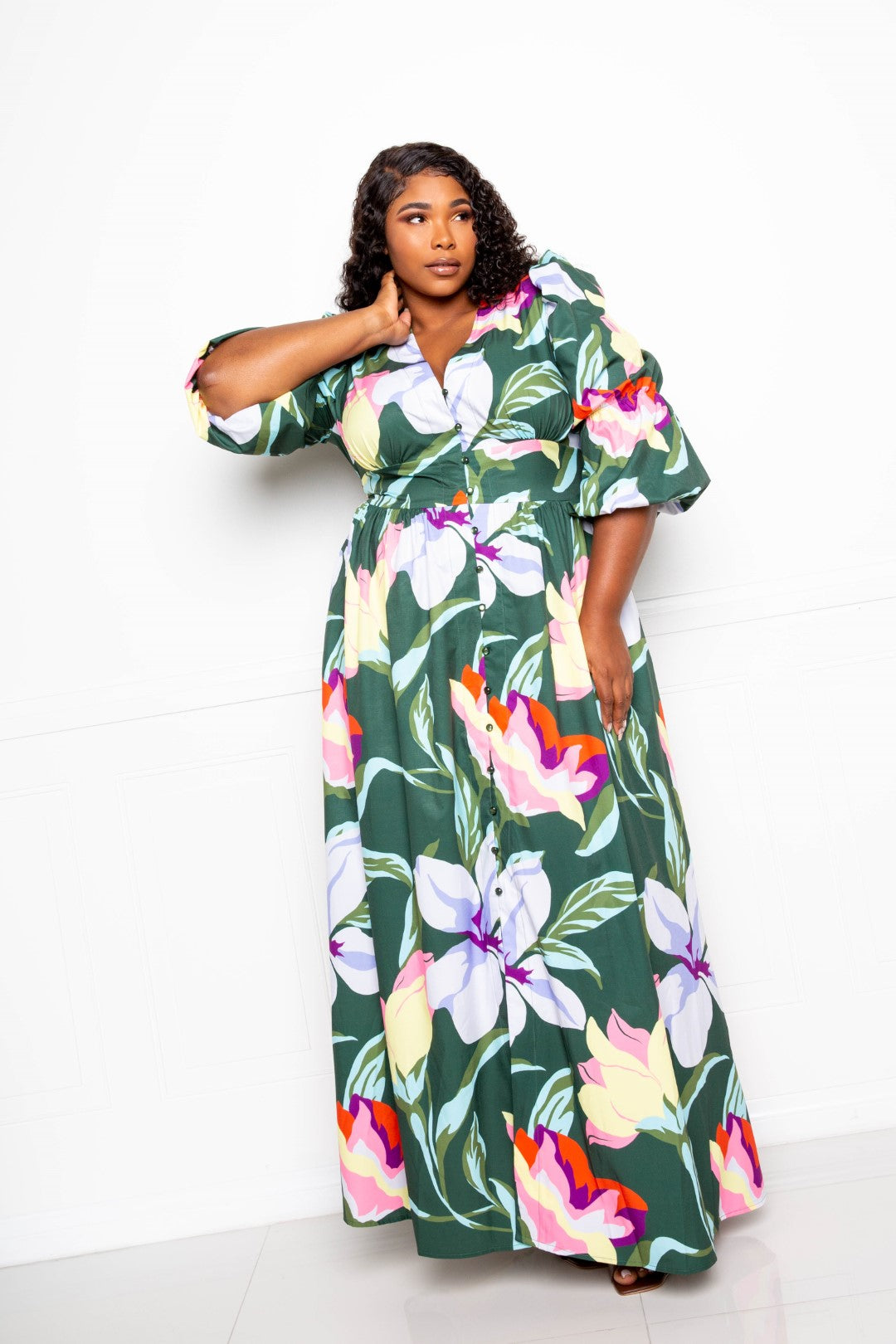 Puff Sleeve Button Front Dress | Black Multi, Olive Multi, PLUS SIZE, PLUS SIZE DRESSES, SALE, SALE PLUS SIZE, White Multi | Style Your Curves