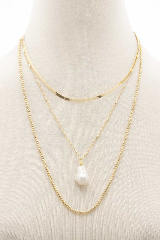 Pearl Herringbone Link Layered Necklace | Gold, JEWELRY, NECKLACES, SALE, SALE JEWELRY | Style Your Curves