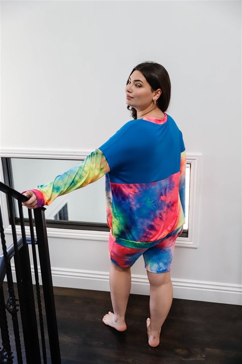 Plus Blue Neon Rainbow Tie-dye Colorblock Long Sleeve Top & Biker Shorts Set | PLUS SIZE, PLUS SIZE SETS, Rainbow, SALE, SALE PLUS SIZE | Style Your Curves