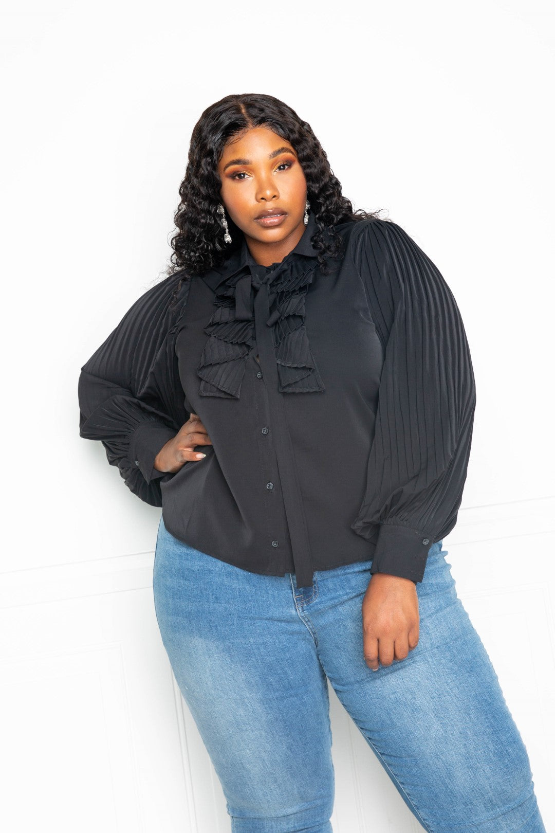 Pleated Sleeve Blouse With Waterfall Frill And Bow | Black, Forrest Green, PLUS SIZE, PLUS SIZE TOPS, SALE, SALE PLUS SIZE | Style Your Curves