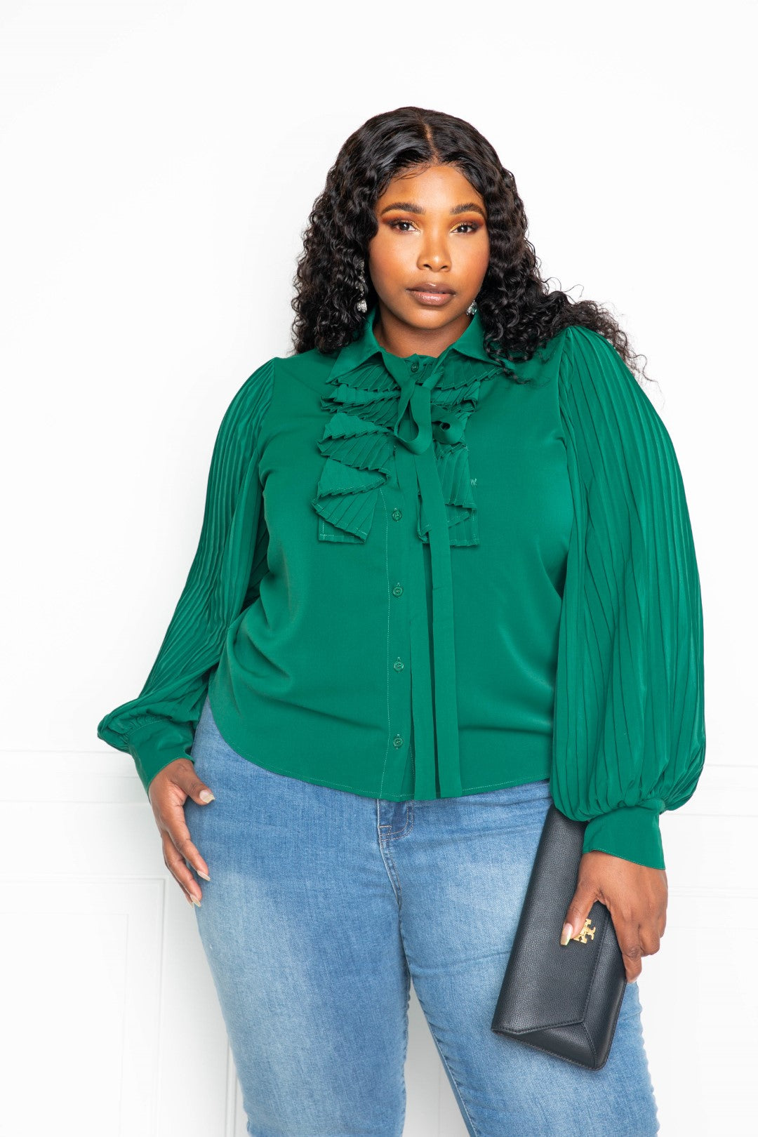 Pleated Sleeve Blouse With Waterfall Frill And Bow | Black, Forrest Green, PLUS SIZE, PLUS SIZE TOPS, SALE, SALE PLUS SIZE | Style Your Curves