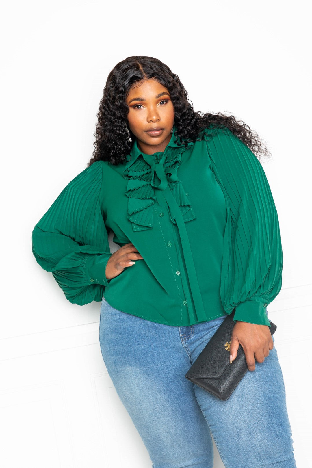 Pleated Sleeve Blouse With Waterfall Frill And Bow | Black, Forrest Green, PLUS SIZE, PLUS SIZE TOPS, SALE, SALE PLUS SIZE | Style Your Curves