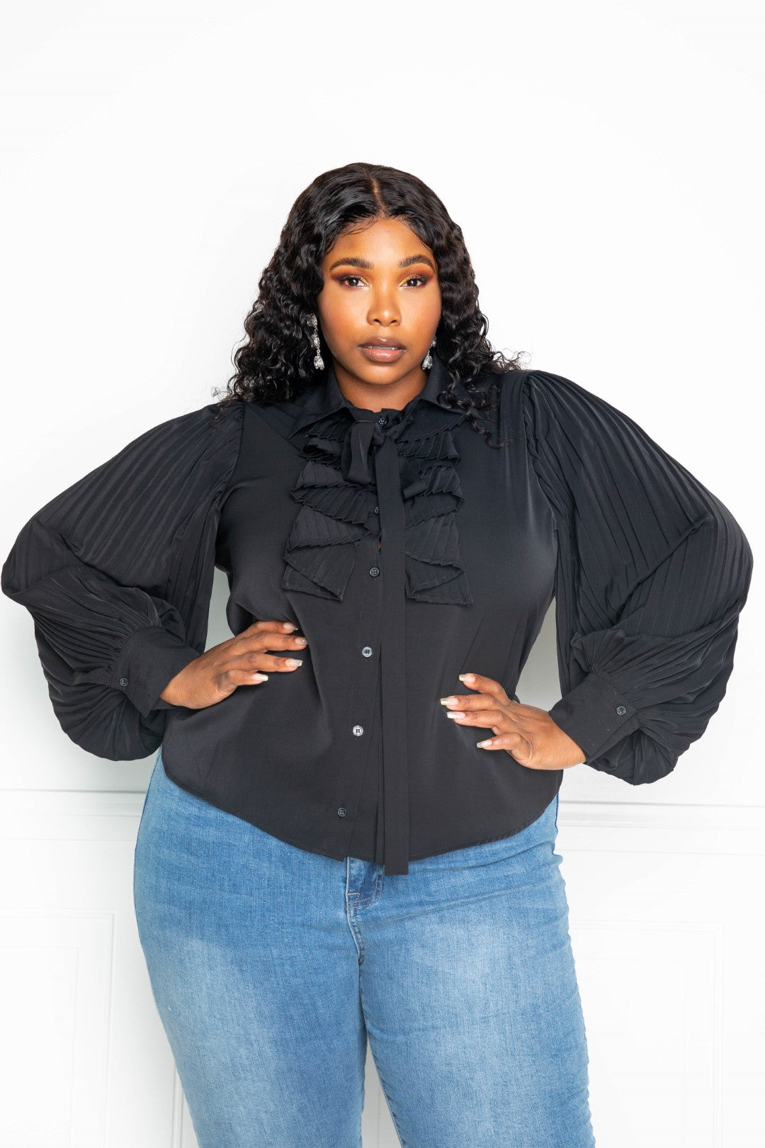 Pleated Sleeve Blouse With Waterfall Frill And Bow | Black, Forrest Green, PLUS SIZE, PLUS SIZE TOPS, SALE, SALE PLUS SIZE | Style Your Curves