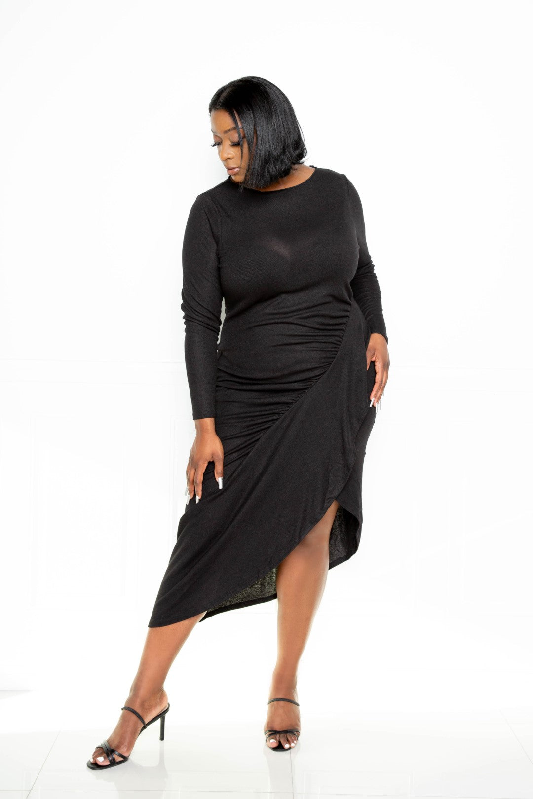Asymmetrical Sweater Dress With Waterfall Ruffle | Black, Cream, PLUS SIZE, PLUS SIZE DRESSES, SALE, SALE PLUS SIZE | Style Your Curves