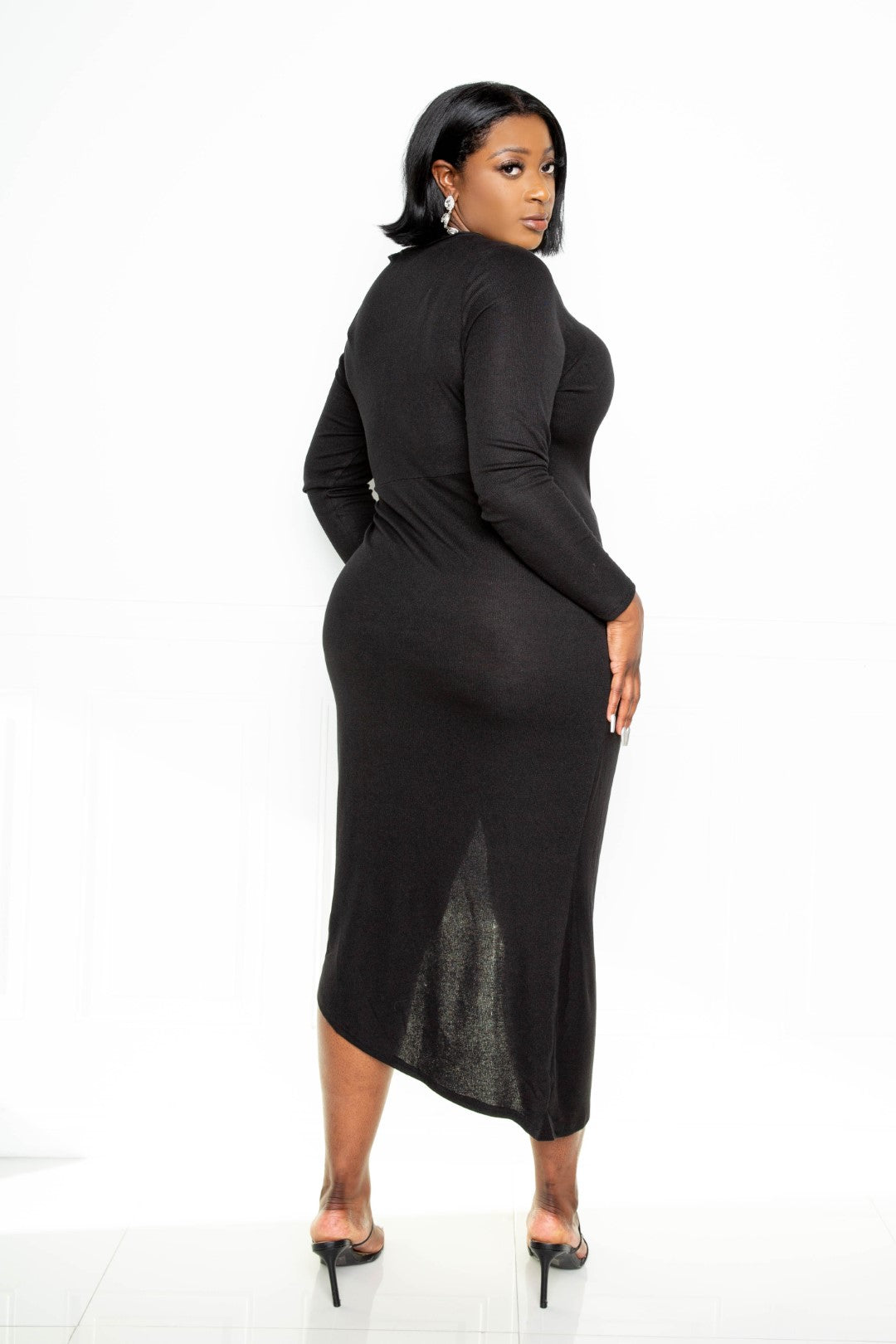 Asymmetrical Sweater Dress With Waterfall Ruffle | Black, Cream, PLUS SIZE, PLUS SIZE DRESSES, SALE, SALE PLUS SIZE | Style Your Curves