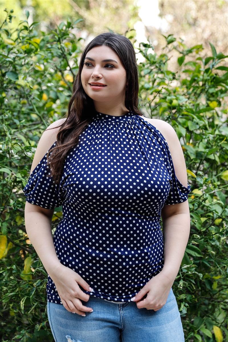 Plus Polka Dot Cold Shoulder Short Sleeve Back Self-tie Top | Black/White, MADE IN USA, Navy/White, PLUS SIZE, PLUS SIZE TOPS, SALE, SALE PLUS SIZE | Style Your Curves