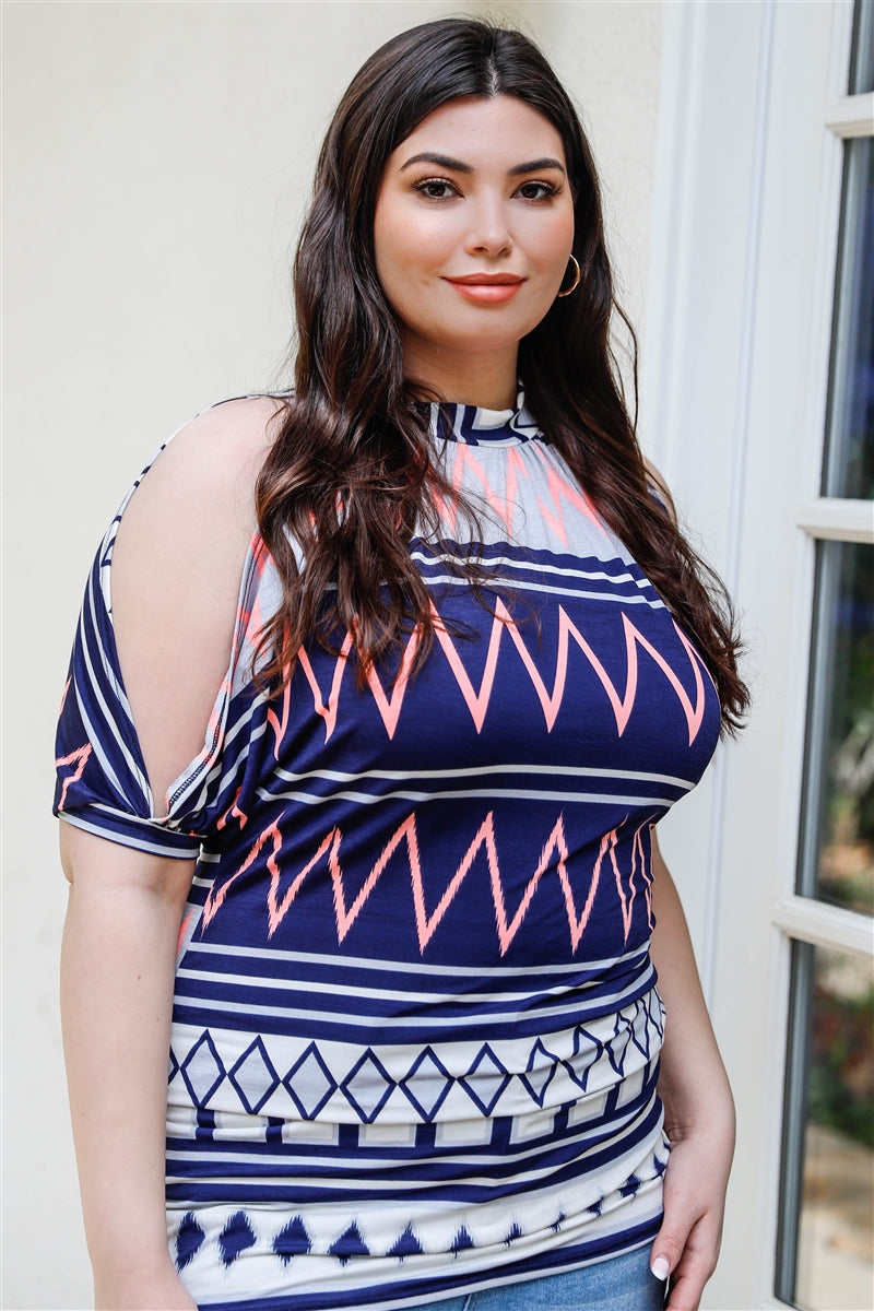 Plus Polka Dot Cold Shoulder Short Sleeve Back Self-tie Top | MADE IN USA, Navy/Mint, Navy/Multi, PLUS SIZE, PLUS SIZE TOPS, RESTOCKED POPULAR ITEMS, SALE, SALE PLUS SIZE | Style Your Curves
