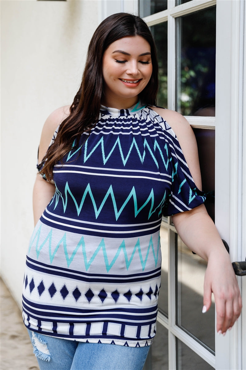 Plus Polka Dot Cold Shoulder Short Sleeve Back Self-tie Top | MADE IN USA, Navy/Mint, Navy/Multi, PLUS SIZE, PLUS SIZE TOPS, RESTOCKED POPULAR ITEMS, SALE, SALE PLUS SIZE | Style Your Curves