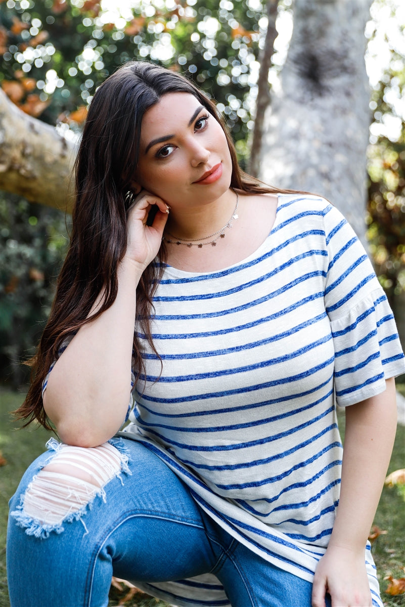 Plus Stripe Bell Short Sleeve Top | MADE IN USA, Navy, PLUS SIZE, PLUS SIZE TOPS, Purple, Royal, SALE, SALE PLUS SIZE | Style Your Curves