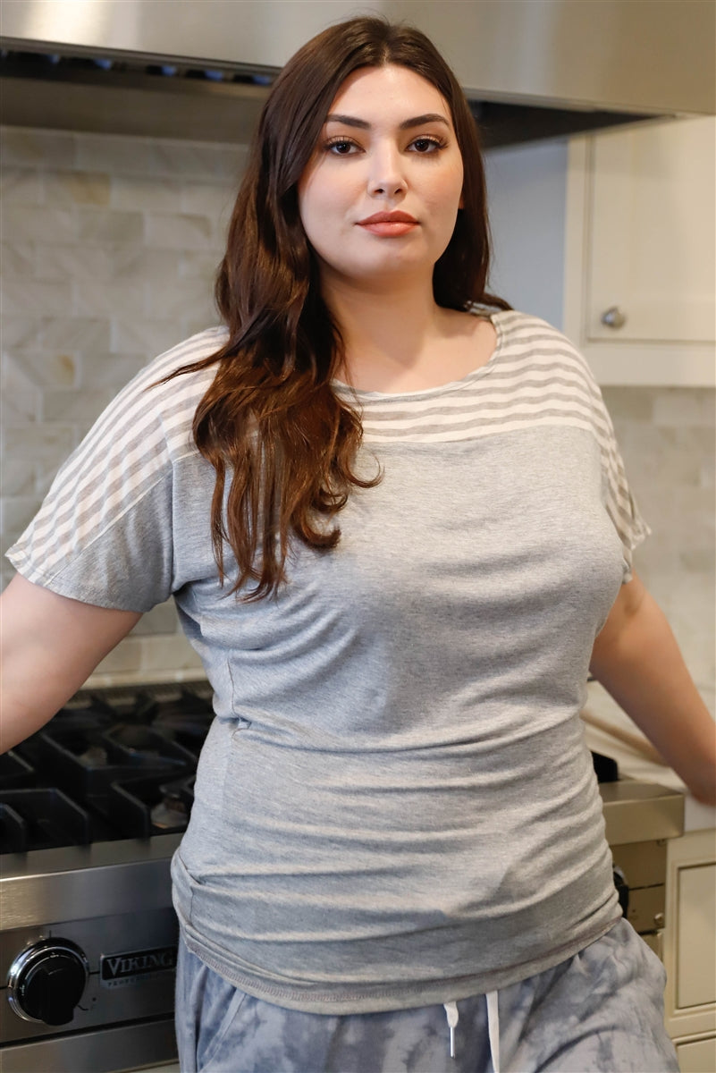 Plus Stripe Short Sleeve Top | Grey, MADE IN USA, Navy, PLUS SIZE, PLUS SIZE TOPS, Royal/Grey, SALE, SALE PLUS SIZE, Turquoise, Yellow | Style Your Curves