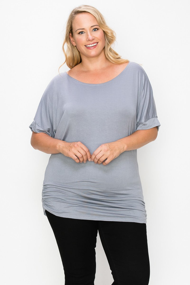 Short Sleeve Top Featuring A Round Neck And Ruched Sides | Grey, MADE IN USA, PLUS SIZE, PLUS SIZE TOPS, Royal Blue, SALE, SALE PLUS SIZE | Style Your Curves