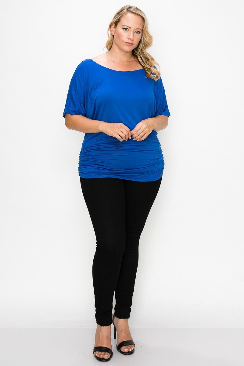 Short Sleeve Top Featuring A Round Neck And Ruched Sides | Grey, MADE IN USA, PLUS SIZE, PLUS SIZE TOPS, Royal Blue, SALE, SALE PLUS SIZE | Style Your Curves