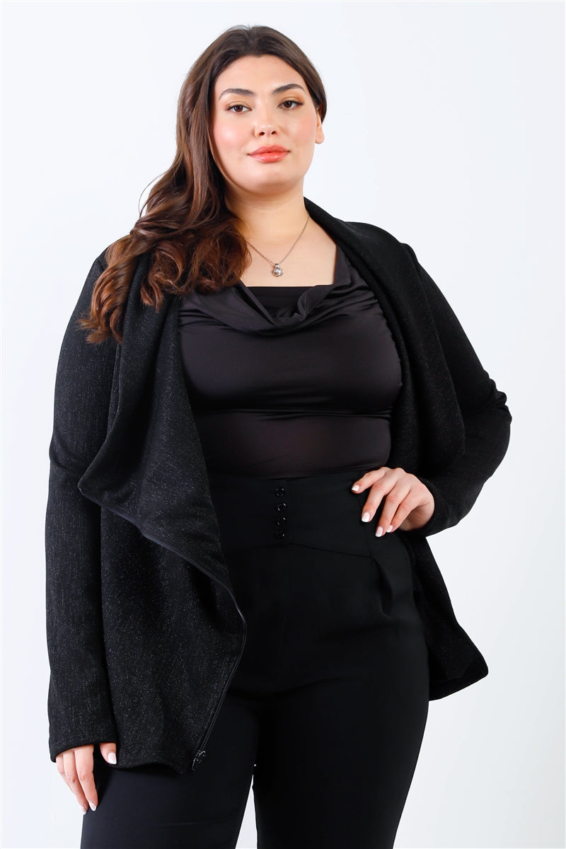 Plus Black Lurex Draped Collar Side Zip Up Lightweight Jacket | Black, MADE IN USA, PLUS SIZE, PLUS SIZE OUTERWEAR, PLUS SIZE TOPS, SALE, SALE PLUS SIZE | Style Your Curves