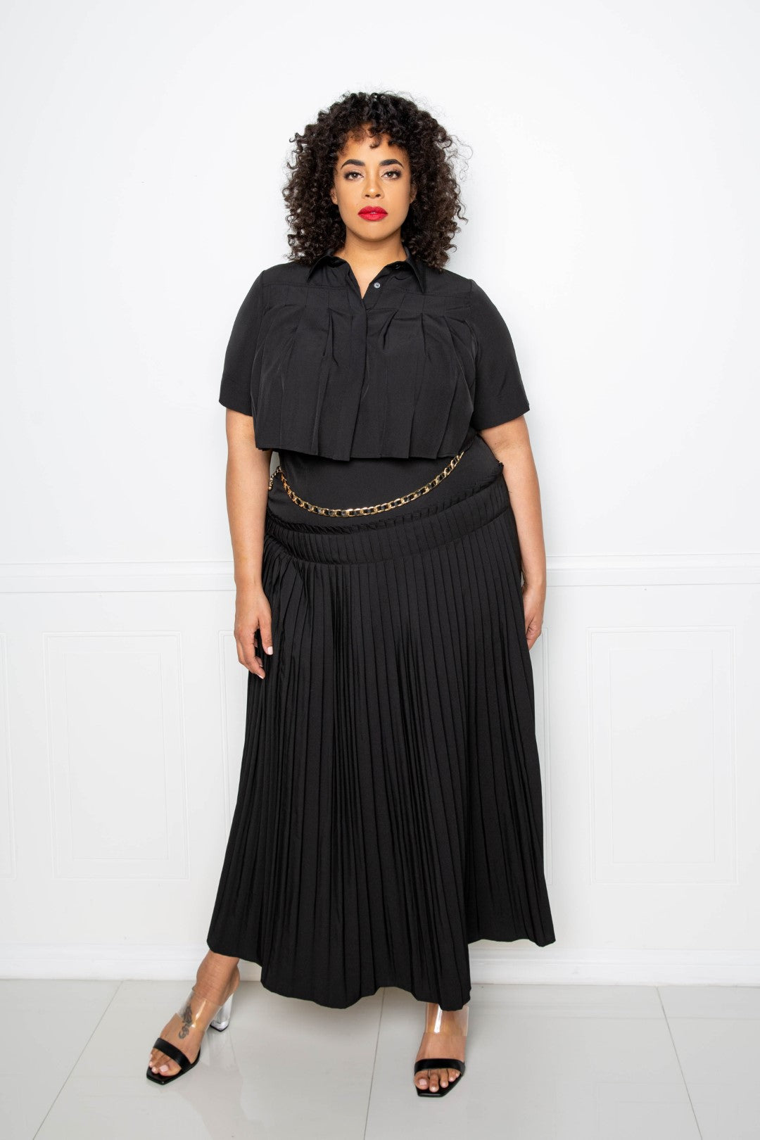 Pleated Cropped Shirt And Maxi Skirt Set | Black, Green, PLUS SIZE, SALE, SALE PLUS SIZE | Style Your Curves