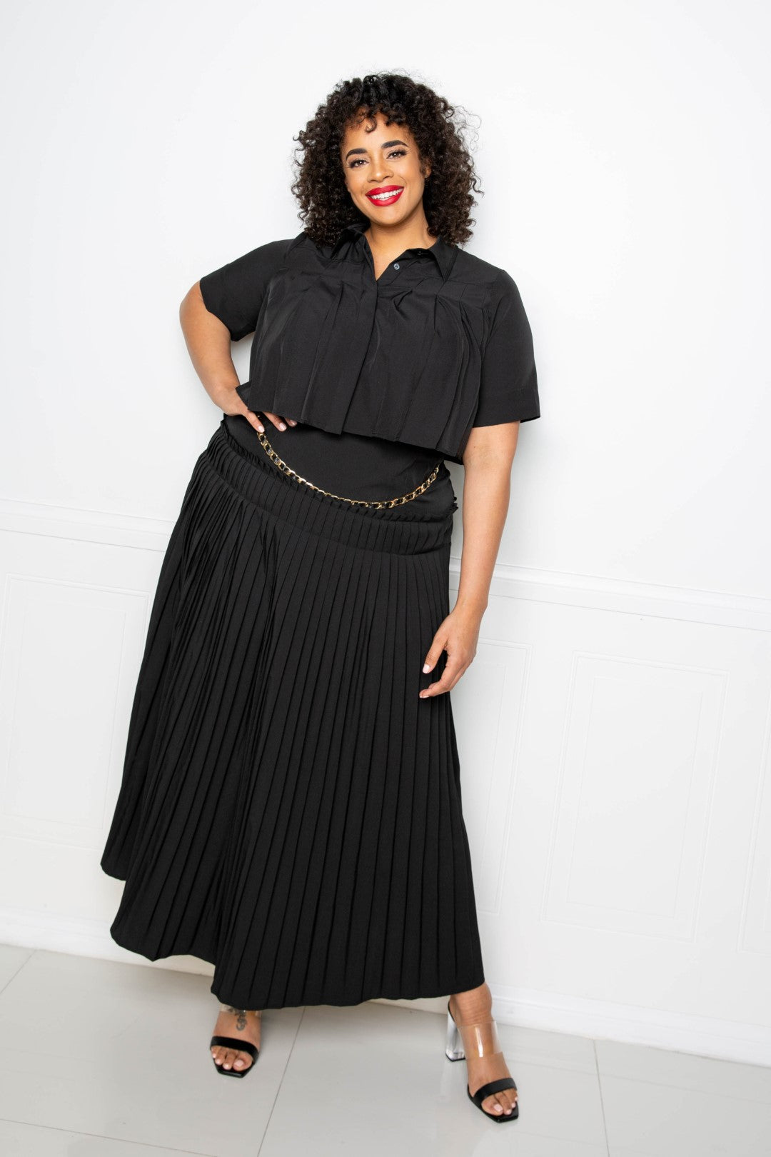 Pleated Cropped Shirt And Maxi Skirt Set | Black, Green, PLUS SIZE, PLUS SIZE SETS, SALE, SALE PLUS SIZE | Style Your Curves