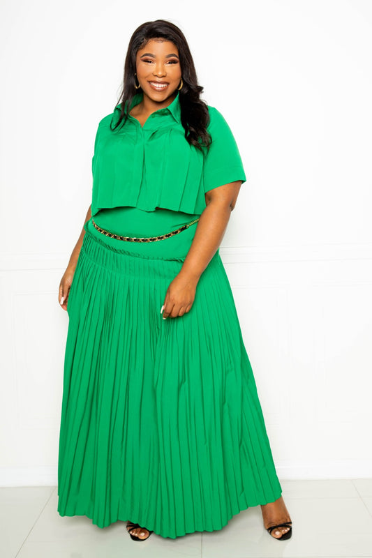 Pleated Cropped Shirt And Maxi Skirt Set | Black, Green, PLUS SIZE, PLUS SIZE SETS, SALE, SALE PLUS SIZE | Style Your Curves