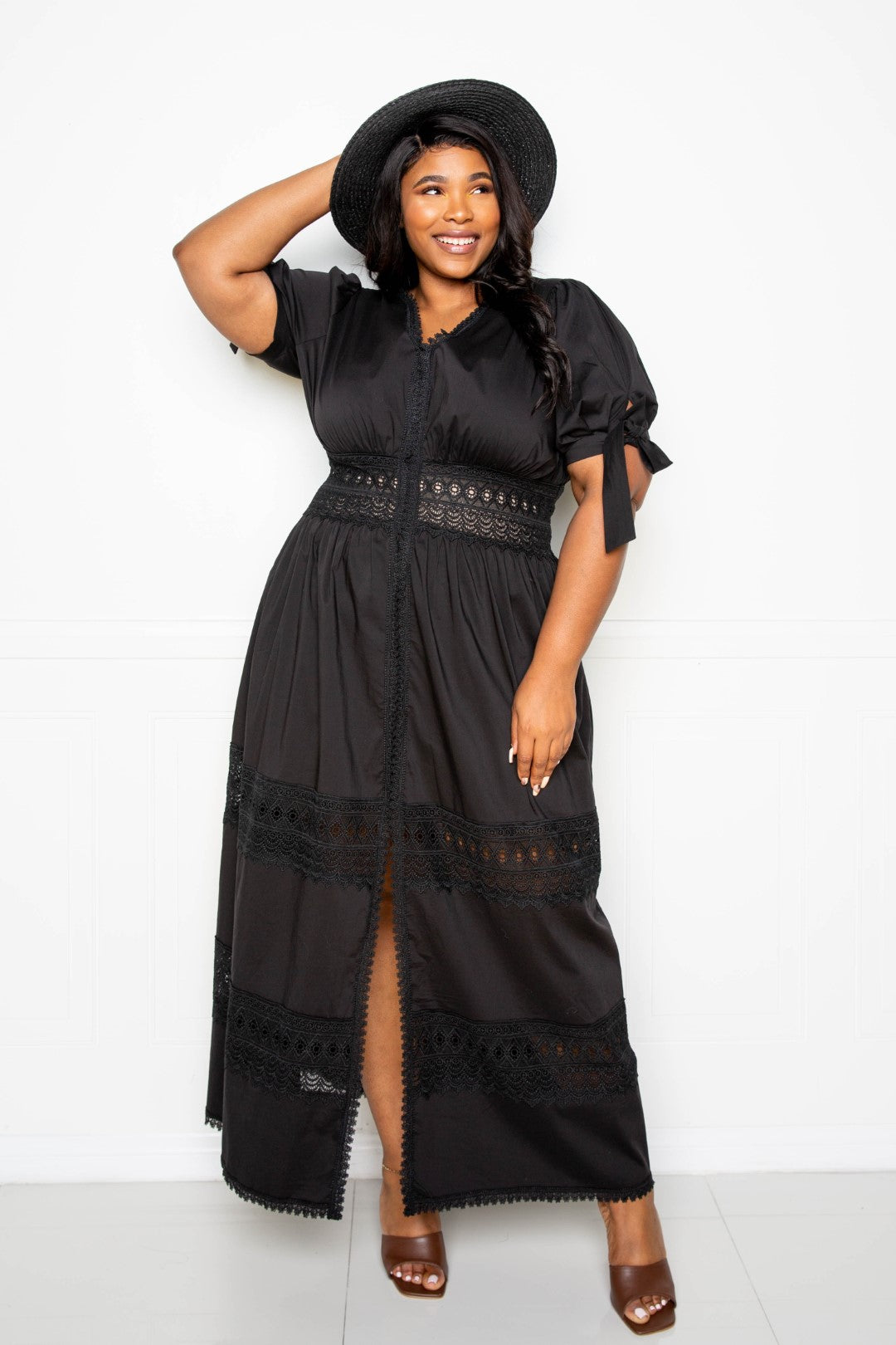 Puff Sleeve Maxi Dress With Lace Insert | Black, PLUS SIZE, PLUS SIZE DRESSES, SALE, SALE PLUS SIZE, White | Style Your Curves