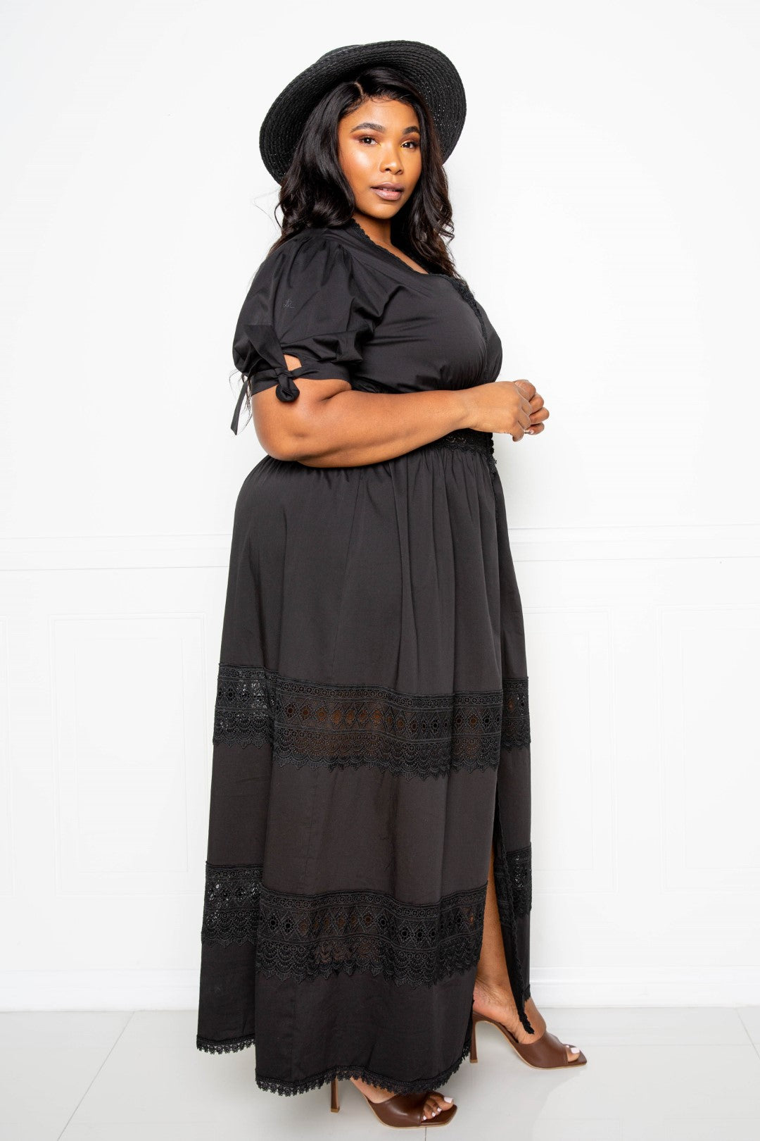 Puff Sleeve Maxi Dress With Lace Insert | Black, PLUS SIZE, PLUS SIZE DRESSES, SALE, SALE PLUS SIZE, White | Style Your Curves