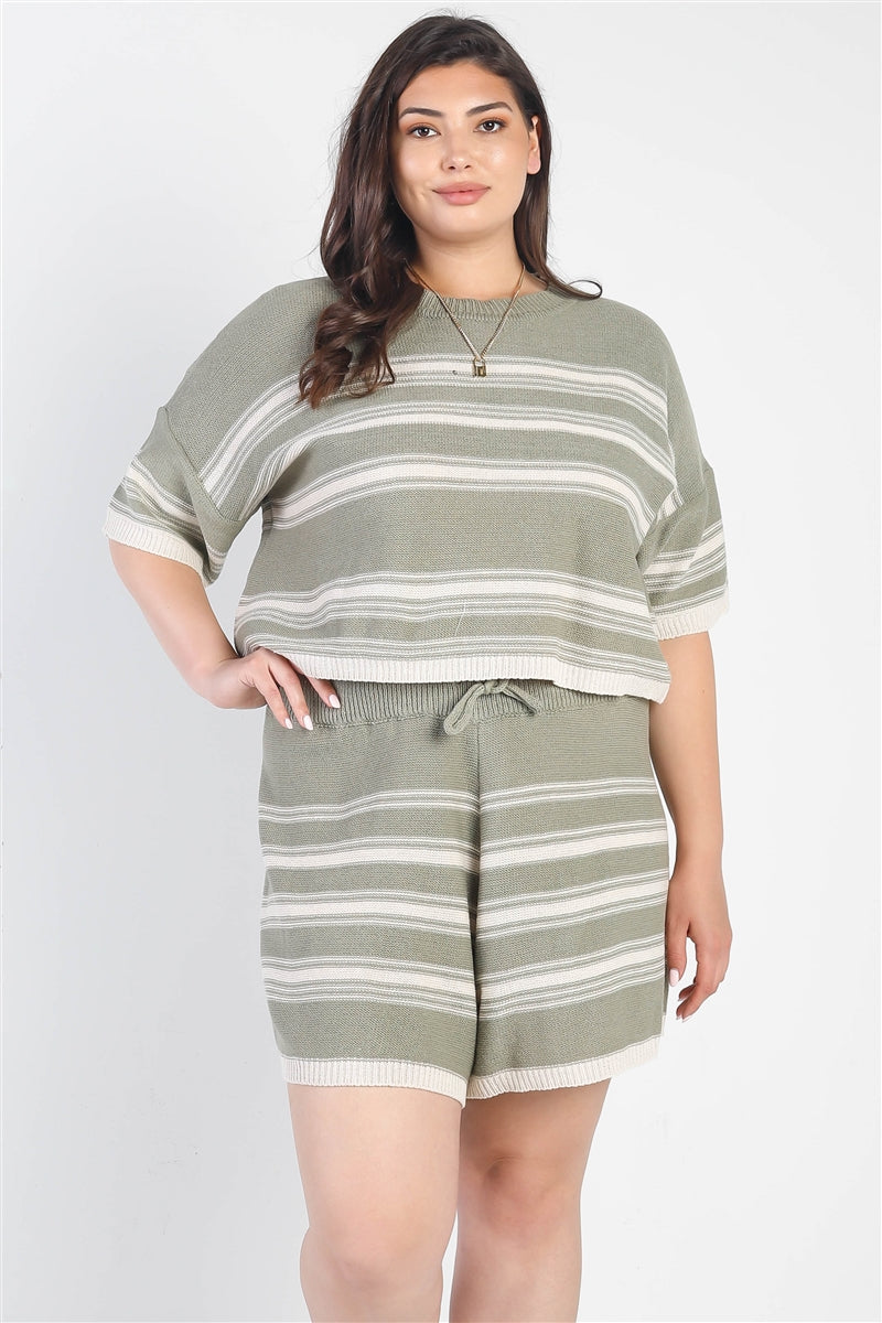 Plus Olive Striped Knit Short Sleeve Crop Top High Waist Shorts Set | Olive, PLUS SIZE, PLUS SIZE SETS, SALE, SALE PLUS SIZE | Style Your Curves