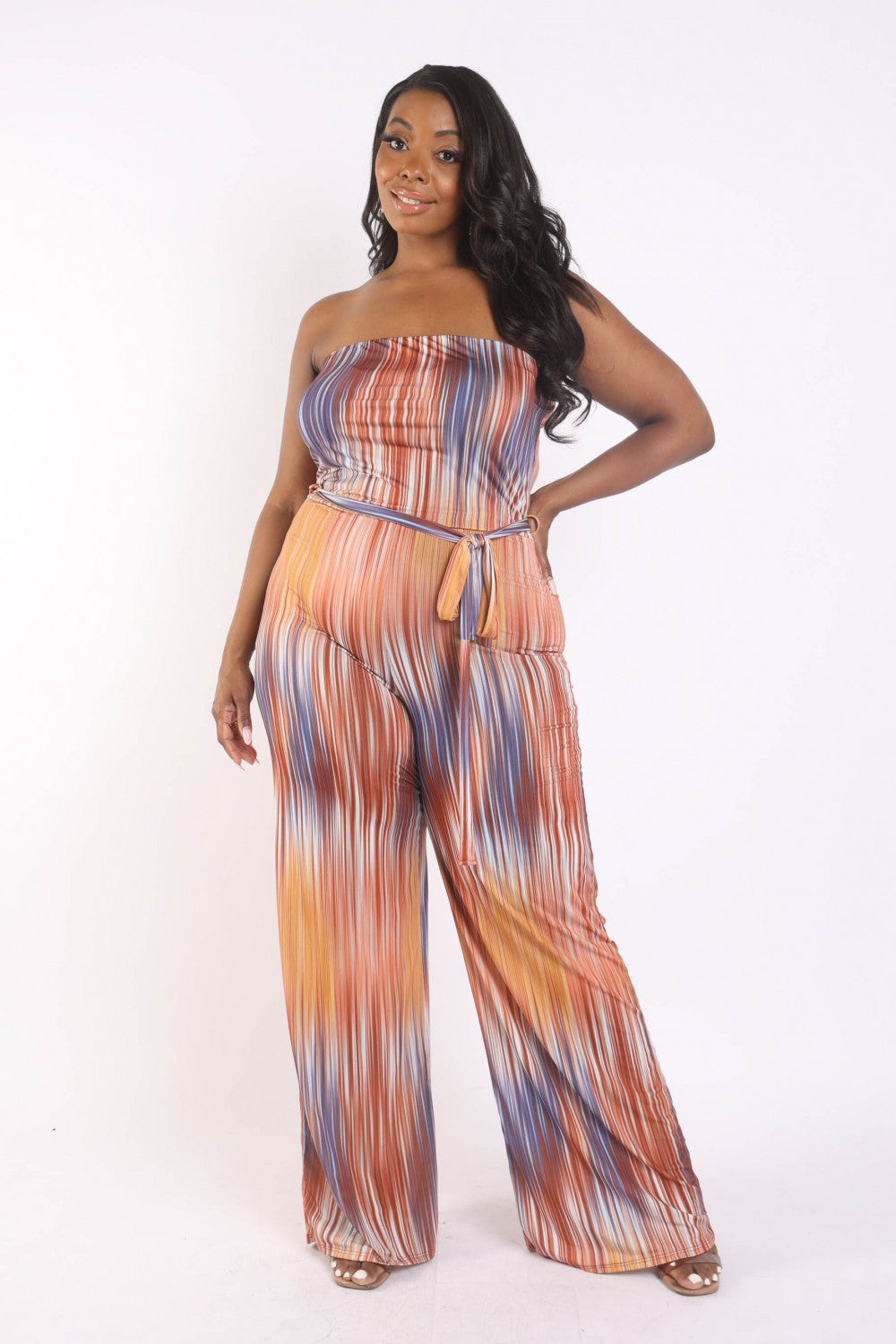 Printed Tube Jumpsuit With Self Belt | Blue, Orange, PLUS SIZE, PLUS SIZE JUMPSUITS & ROMPERS, SALE, SALE PLUS SIZE | Style Your Curves