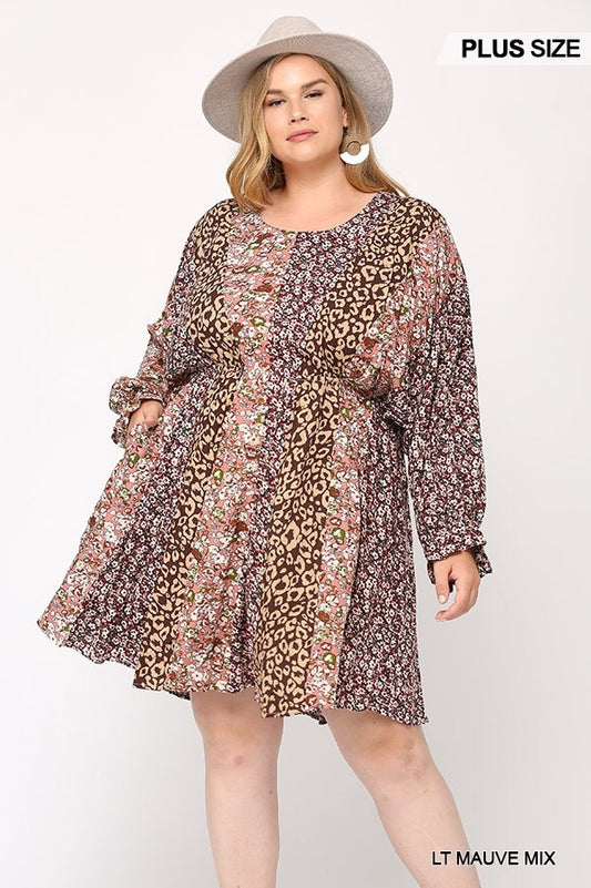 Print Mixed Dolman Sleeve Dress With Side Pockets | Light Mauve Mix, NEW ARRIVALS, SALE, SALE PLUS SIZE | Style Your Curves