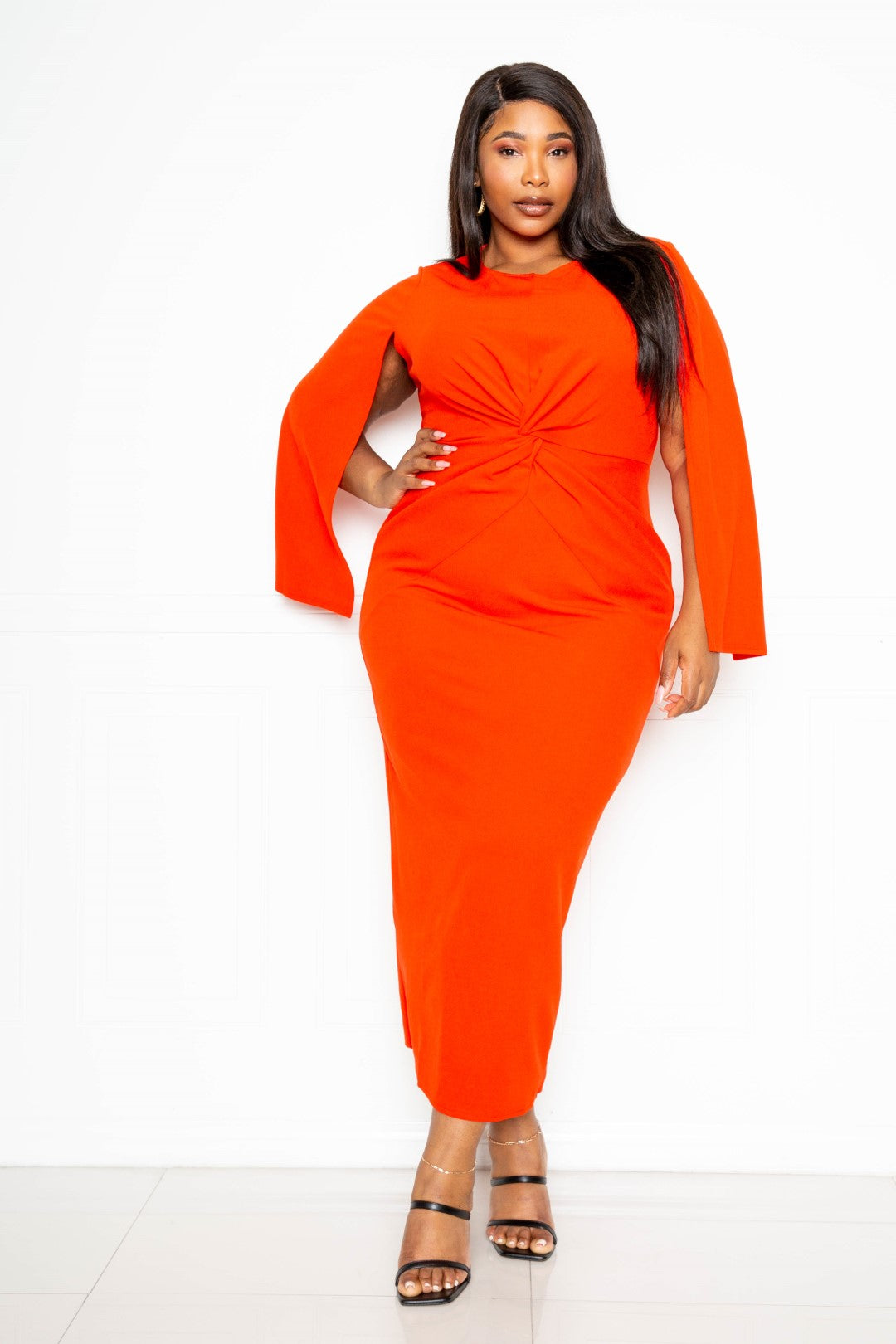 Cape Sleeve Dress With Knot Detail | Black, Orange Red, PLUS SIZE, PLUS SIZE DRESSES, SALE, SALE PLUS SIZE | Style Your Curves