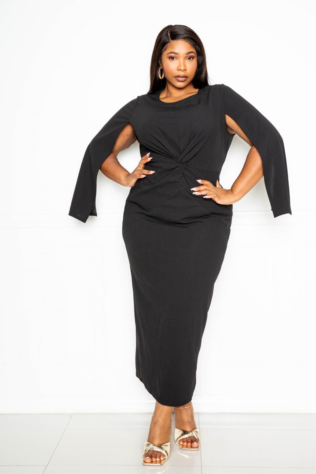 Cape Sleeve Dress With Knot Detail | Black, Orange Red, PLUS SIZE, PLUS SIZE DRESSES, SALE, SALE PLUS SIZE | Style Your Curves