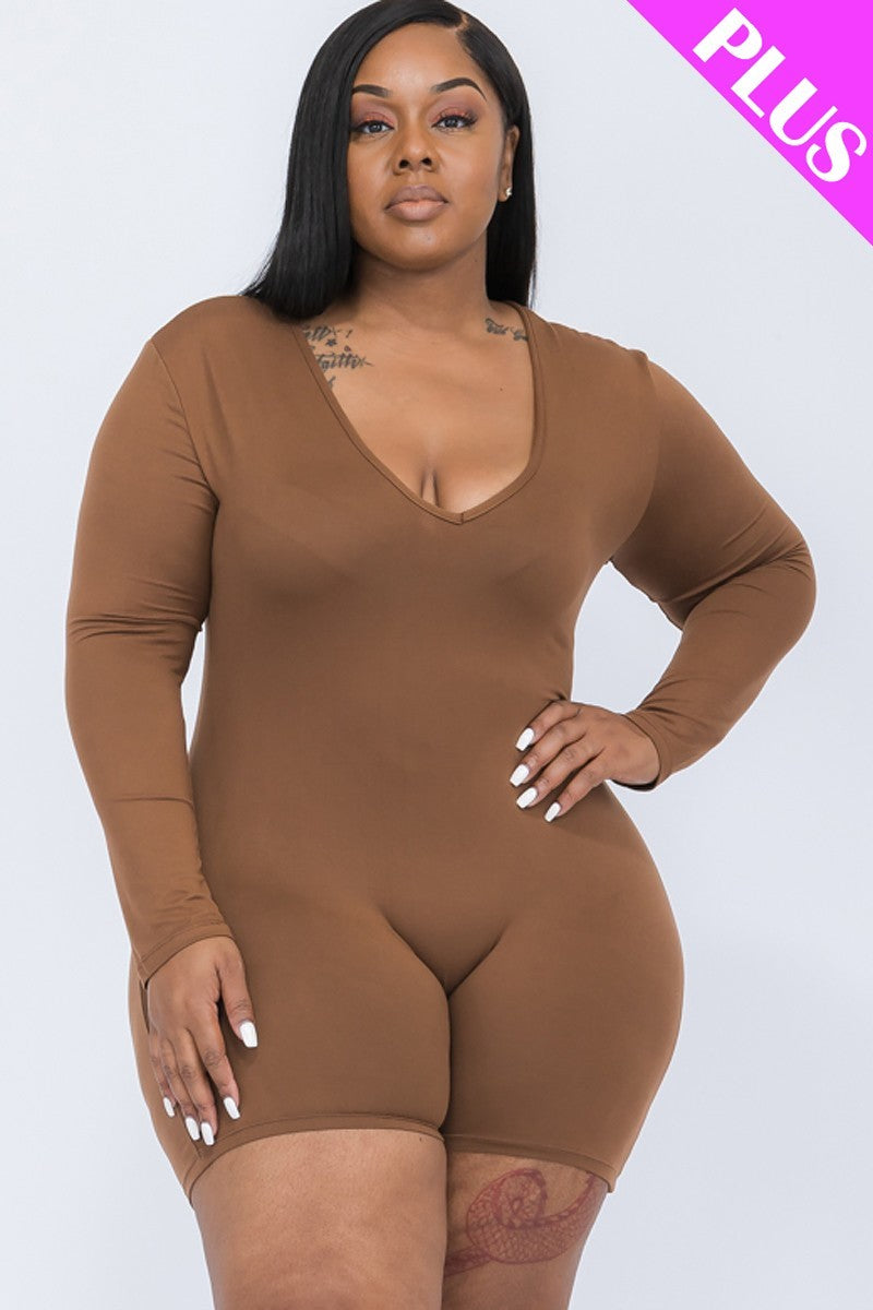 Plus V-neck Long Sleeve Bodycon Romper | Black, Brown Sugar, CCPRODUCTS, Coffee, Dark Mauve, Navy, Olive Branch, PLUS SIZE, PLUS SIZE BASICS & ACTIVEWEAR, PLUS SIZE JUMPSUITS & ROMPERS, RESTOCKED POPULAR ITEMS, SALE, SALE PLUS SIZE, Winery | Style Your Curves