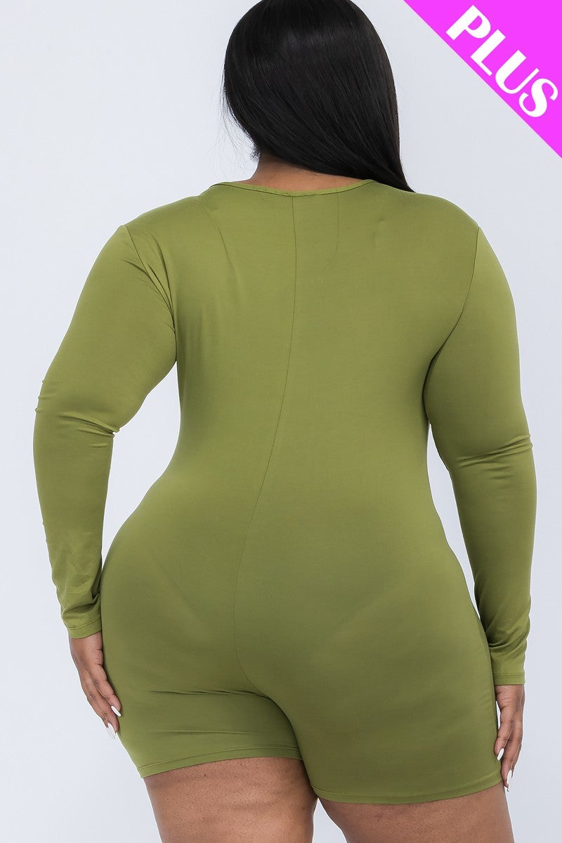 Plus V-neck Long Sleeve Bodycon Romper | Black, Brown Sugar, CCPRODUCTS, Coffee, Dark Mauve, Navy, Olive Branch, PLUS SIZE, PLUS SIZE BASICS & ACTIVEWEAR, PLUS SIZE JUMPSUITS & ROMPERS, RESTOCKED POPULAR ITEMS, SALE, SALE PLUS SIZE, Winery | Style Your Curves