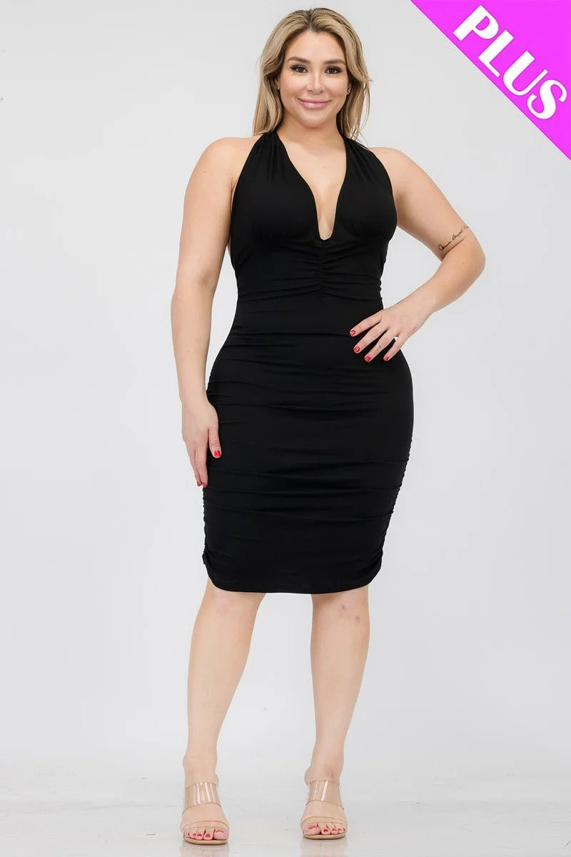 Plus Plunging Neck Crisscross Back Ruched Bodycon Mini Dress | Black, Burgundy, CCPRODUCTS, Downtown Brown, Flamingo, Fuchsia, PLUS SIZE, PLUS SIZE DRESSES, SALE, SALE PLUS SIZE, White | Style Your Curves