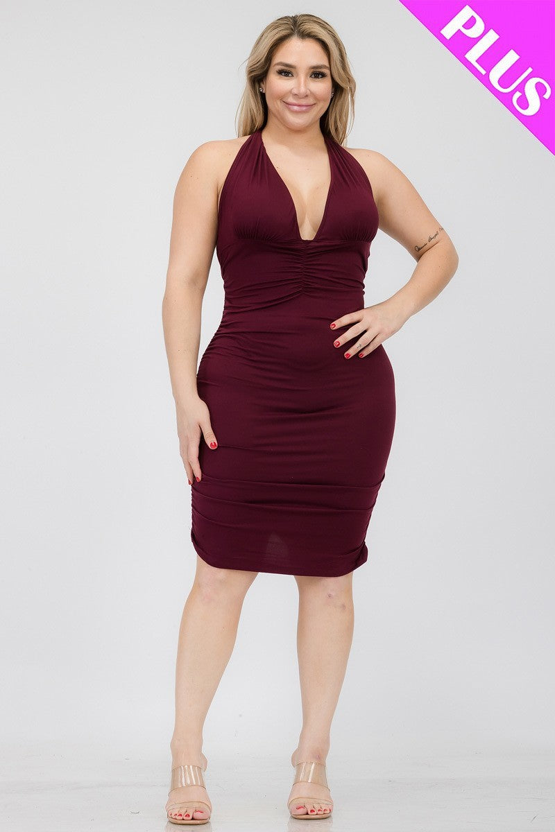 Plus Plunging Neck Crisscross Back Ruched Bodycon Mini Dress | Black, Burgundy, CCPRODUCTS, Downtown Brown, Flamingo, Fuchsia, PLUS SIZE, PLUS SIZE DRESSES, SALE, SALE PLUS SIZE, White | Style Your Curves