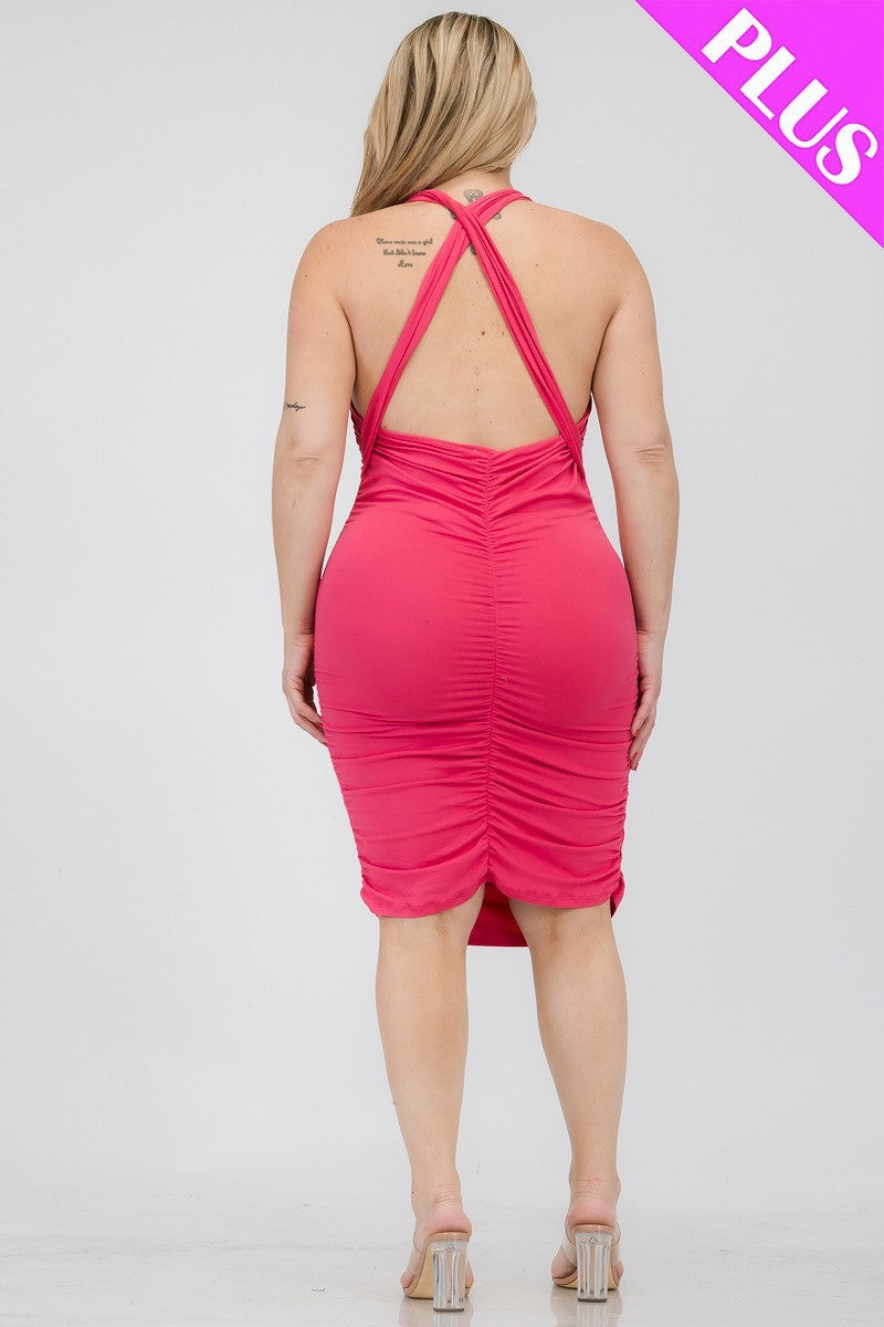 Plus Plunging Neck Crisscross Back Ruched Bodycon Mini Dress | Black, Burgundy, CCPRODUCTS, Downtown Brown, Flamingo, Fuchsia, PLUS SIZE, PLUS SIZE DRESSES, SALE, SALE PLUS SIZE, White | Style Your Curves