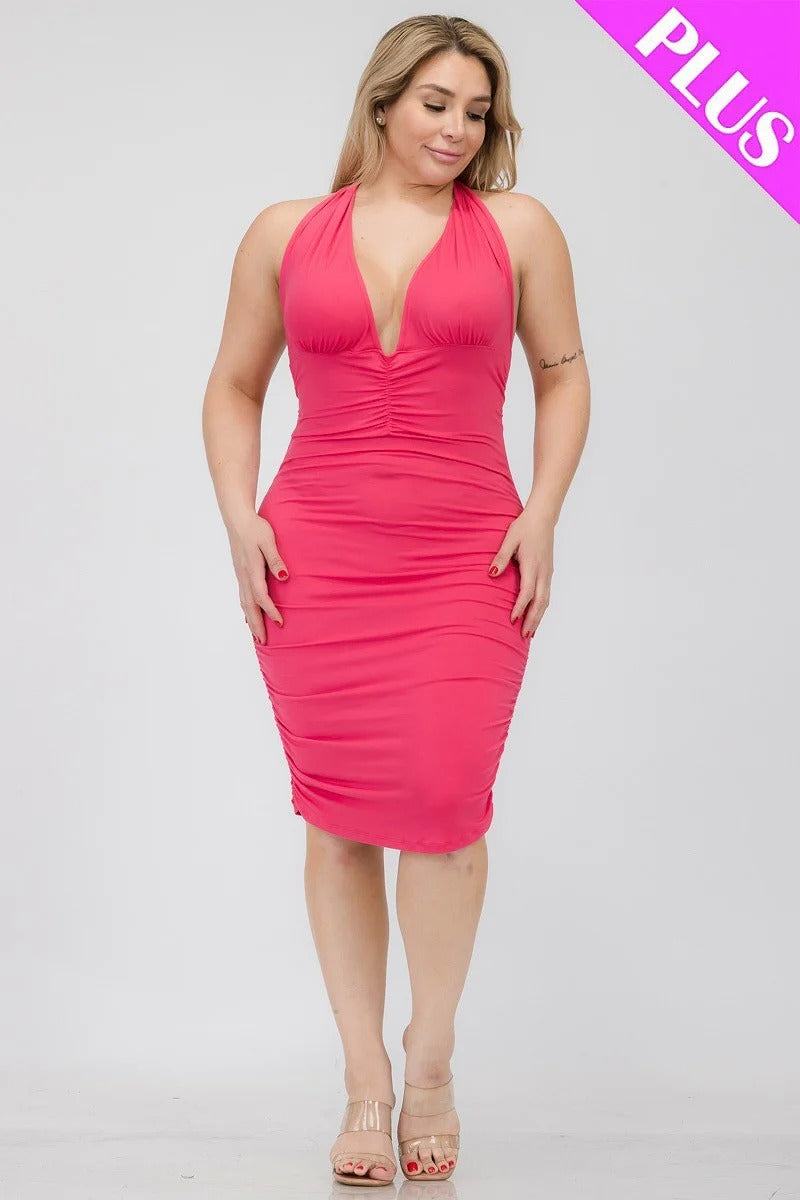 Plus Plunging Neck Crisscross Back Ruched Bodycon Mini Dress | Black, Burgundy, CCPRODUCTS, Downtown Brown, Flamingo, Fuchsia, PLUS SIZE, PLUS SIZE DRESSES, SALE, SALE PLUS SIZE, White | Style Your Curves