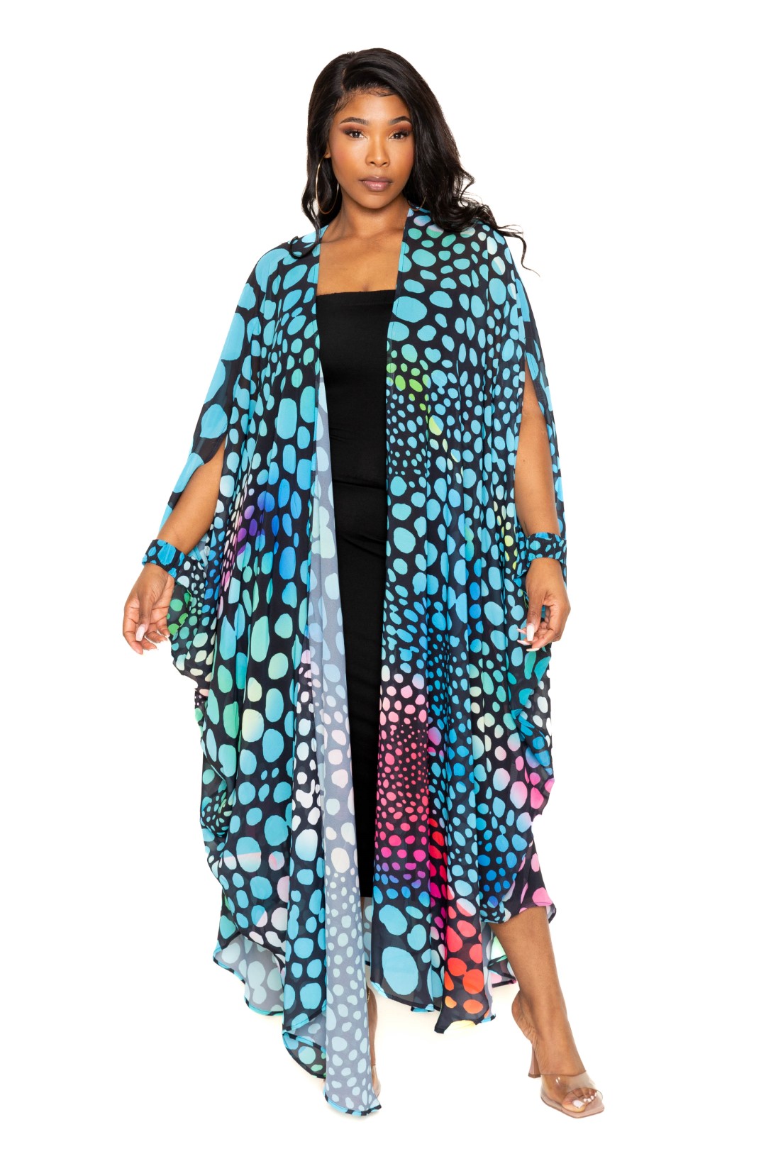 Dot Robe With Wrist Band | CCPRODUCTS, Multi, NEW ARRIVALS, PLUS SIZE, PLUS SIZE OUTERWEAR, PLUS SIZE TOPS | Style Your Curves