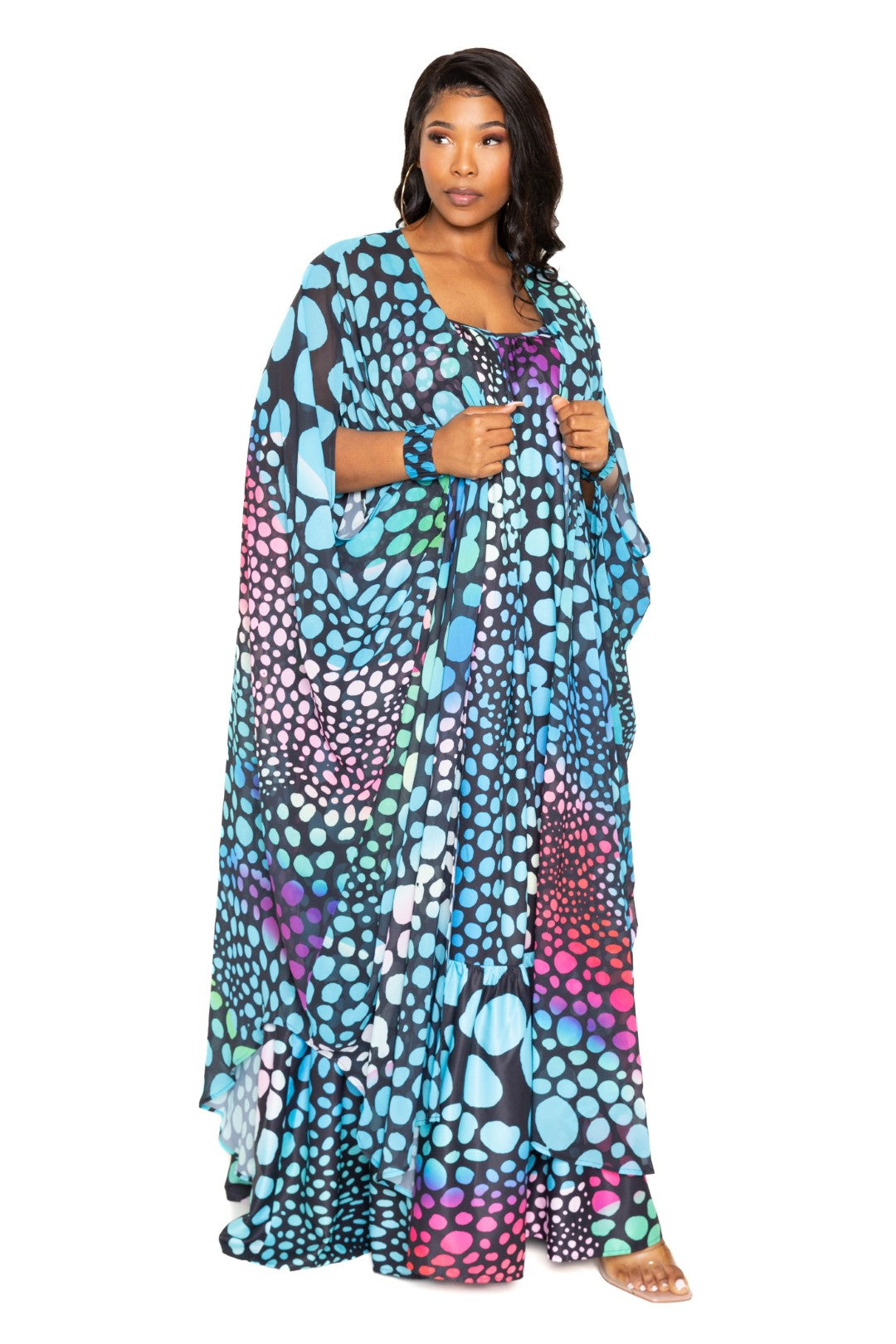 Dot Robe With Wrist Band | CCPRODUCTS, Multi, NEW ARRIVALS, PLUS SIZE, PLUS SIZE OUTERWEAR, PLUS SIZE TOPS | Style Your Curves