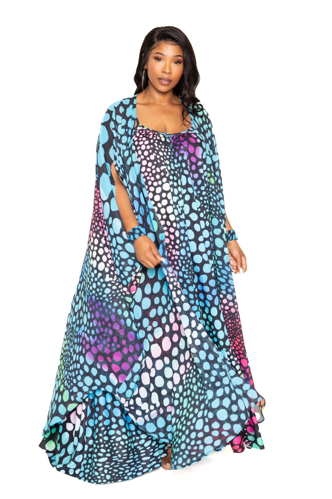 Dot Robe With Wrist Band | CCPRODUCTS, Multi, NEW ARRIVALS, PLUS SIZE, PLUS SIZE OUTERWEAR, PLUS SIZE TOPS | Style Your Curves