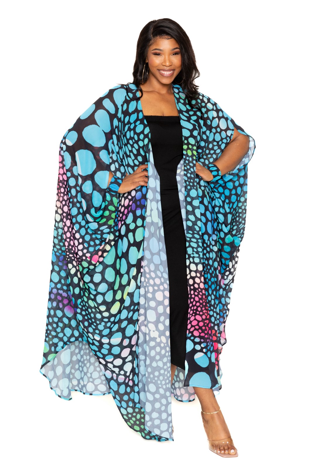 Dot Robe With Wrist Band | CCPRODUCTS, Multi, NEW ARRIVALS, PLUS SIZE, PLUS SIZE OUTERWEAR, PLUS SIZE TOPS | Style Your Curves