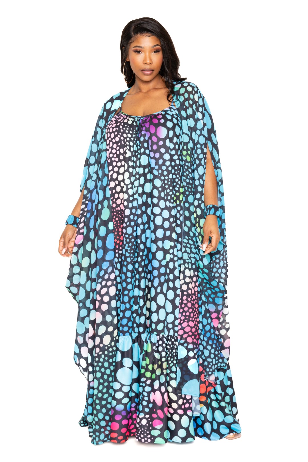 Dot Robe With Wrist Band | CCPRODUCTS, Multi, NEW ARRIVALS, PLUS SIZE, PLUS SIZE OUTERWEAR, PLUS SIZE TOPS | Style Your Curves