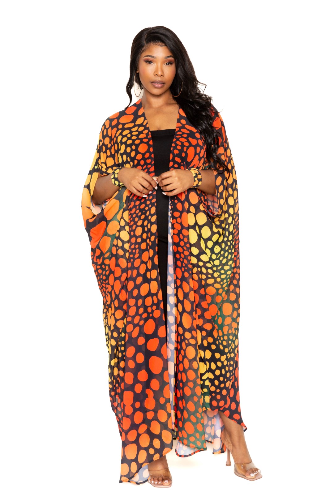 Dot Robe With Wrist Band | CCPRODUCTS, Multi, NEW ARRIVALS, PLUS SIZE, PLUS SIZE OUTERWEAR, PLUS SIZE TOPS | Style Your Curves