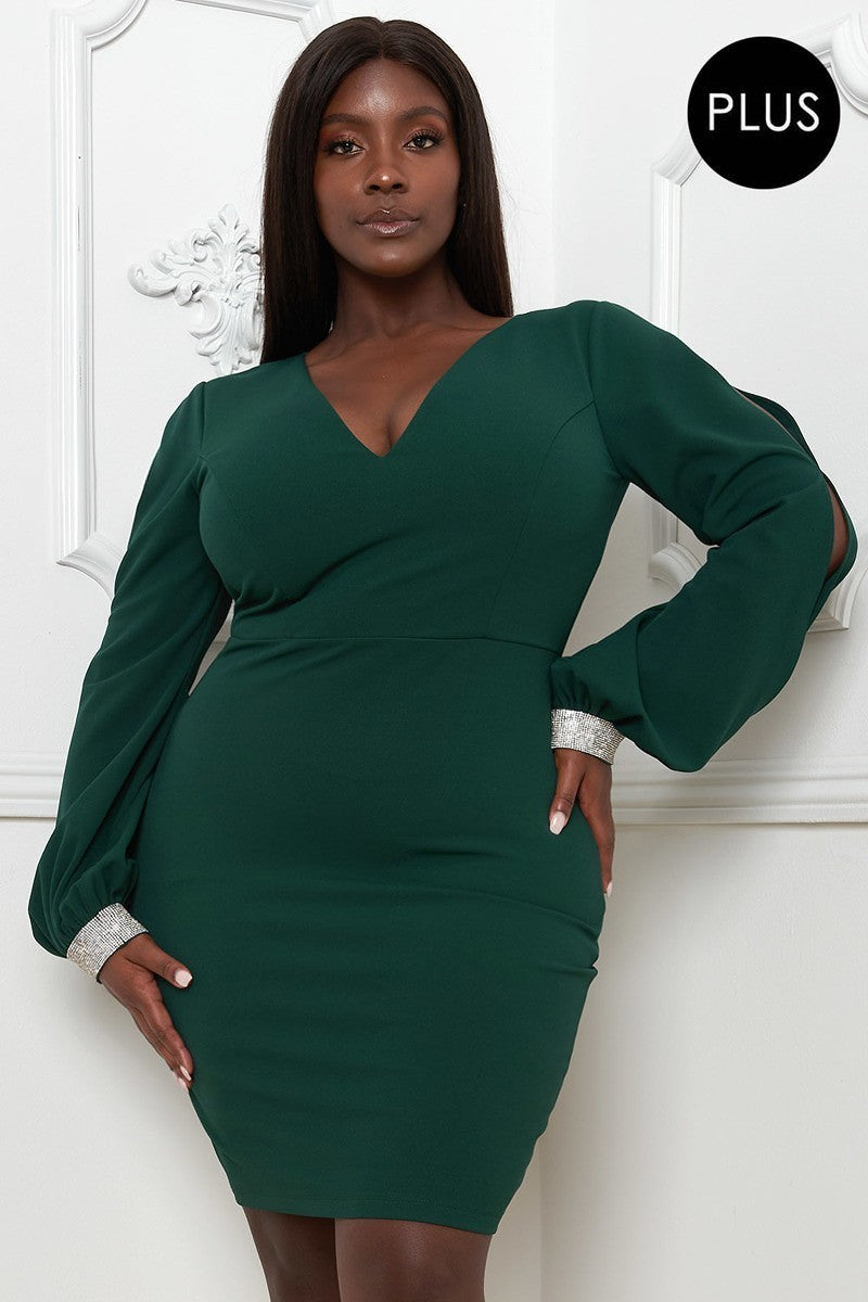Rhinestone Cuffs Plus Size Mini Dress | CCPRODUCTS, Hunter Green, NEW ARRIVALS, PLUS SIZE, PLUS SIZE DRESSES | Style Your Curves