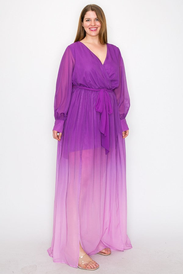 Ombre Chiffon Wrap Front Long Sleeve Tie Waist Slit Front Maxi Dress | Brown, CCPRODUCTS, Magenta, NEW ARRIVALS, PLUS SIZE, PLUS SIZE DRESSES | Style Your Curves
