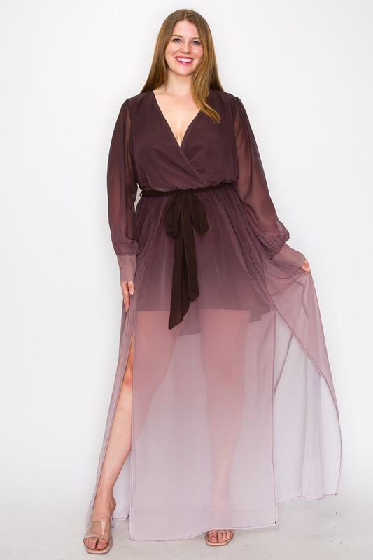 Ombre Chiffon Wrap Front Long Sleeve Tie Waist Slit Front Maxi Dress | Brown, CCPRODUCTS, Magenta, NEW ARRIVALS, PLUS SIZE, PLUS SIZE DRESSES | Style Your Curves