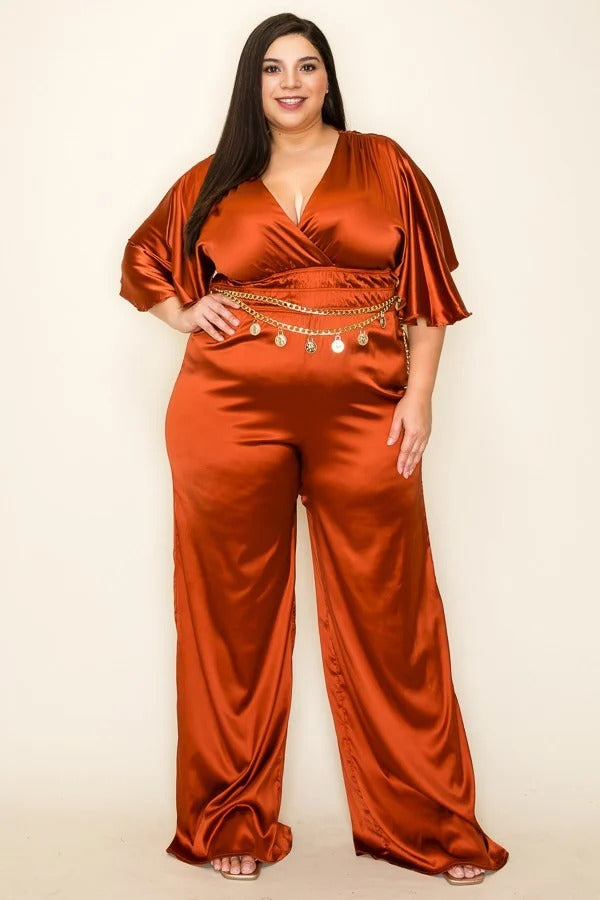 Satin Wrap Front Short Sleeve Smocked Waist Jumpsuit | CCPRODUCTS, Cognac, Magenta, NEW ARRIVALS, PLUS SIZE, PLUS SIZE JUMPSUITS & ROMPERS, Teal | Style Your Curves